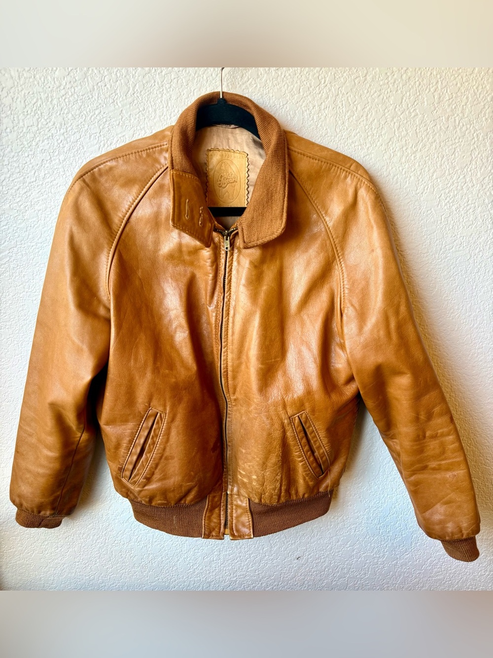 Men's Classic Golden Bear Vintage Light Brown Leather Bomber Jacket
